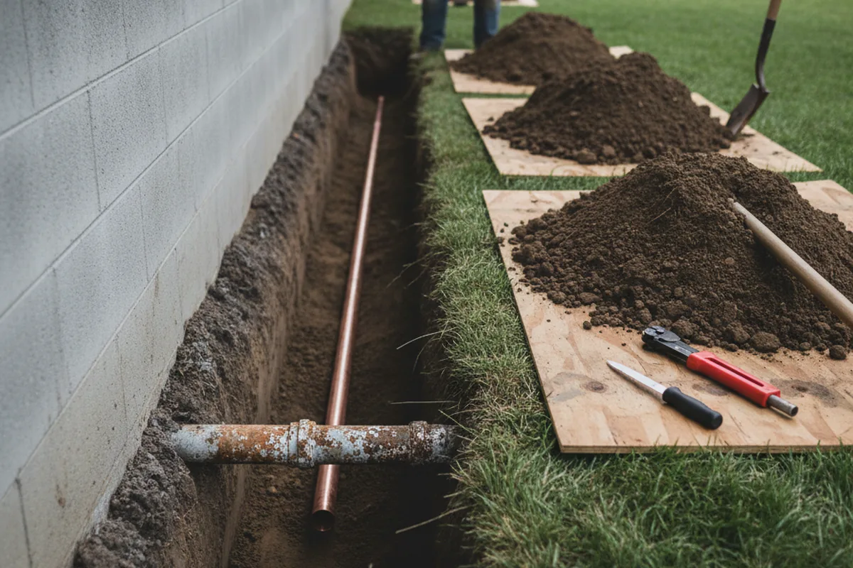 Excavated water line trench during Sewer Line Repair in Palmyra